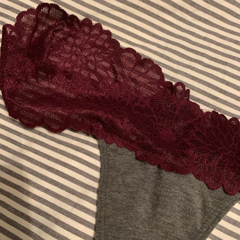 VS PINK - Lace Waist Maroon & Grey Cotton Thong